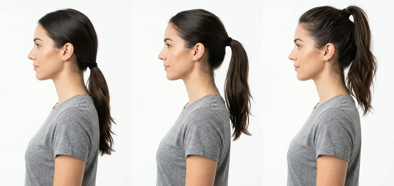 Woman showing three ponytail heights side by side - low nape, mid-height, and high crown placement comparison