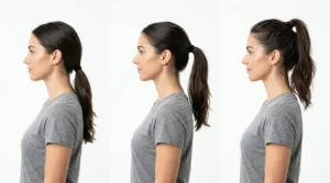 Woman showing three ponytail heights side by side - low nape, mid-height, and high crown placement comparison
