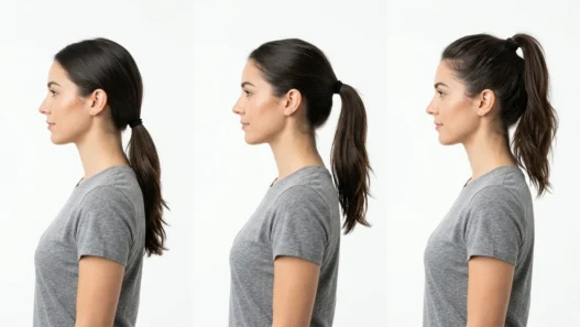 Woman showing three ponytail heights side by side - low nape, mid-height, and high crown placement comparison