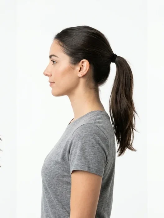Woman showing three ponytail heights side by side - low nape, mid-height, and high crown placement comparison