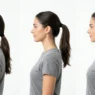 Woman showing three ponytail heights side by side - low nape, mid-height, and high crown placement comparison