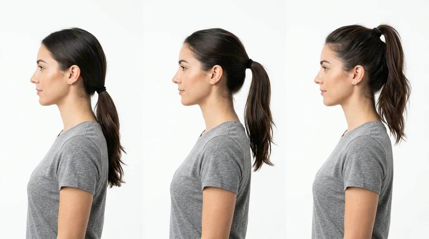 Woman showing three ponytail heights side by side - low nape, mid-height, and high crown placement comparison