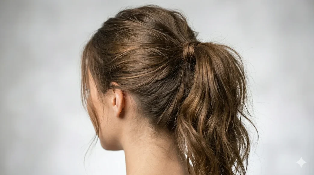 Same woman shown with ponytails at three different heights demonstrating placement options on clean background