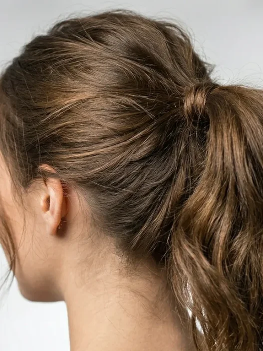 Same woman shown with ponytails at three different heights demonstrating placement options on clean background