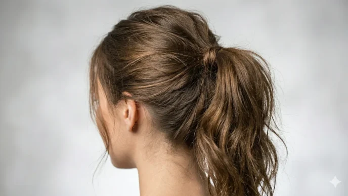 Same woman shown with ponytails at three different heights demonstrating placement options on clean background