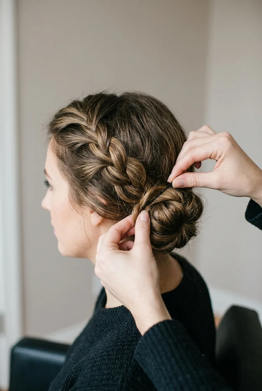 Side view of hands positioning loose braid and securing with bobby pins at back of head