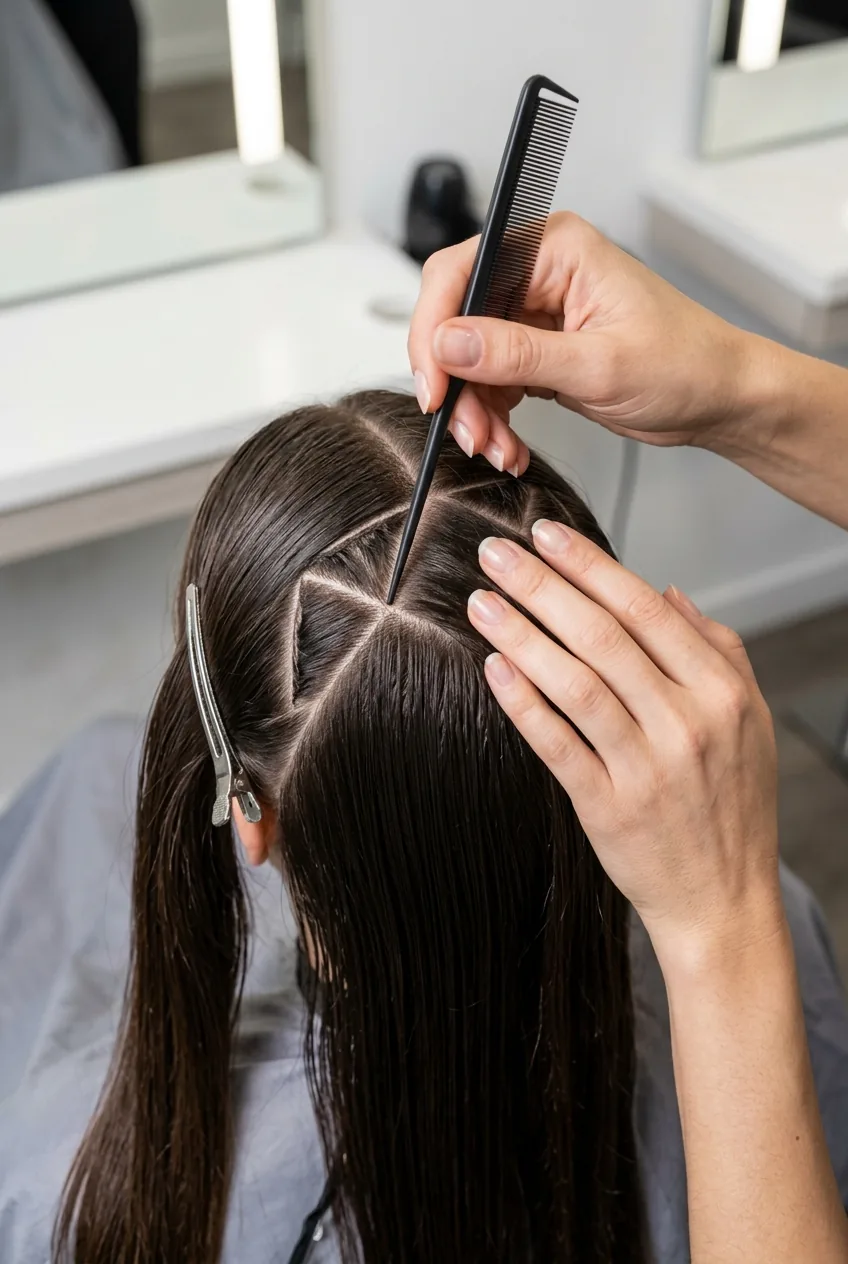 Close-up of hands creating precise geometric hair sections with rattail comb for bridal styling