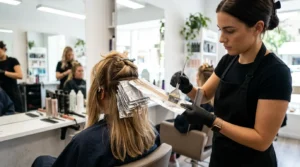 Professional colorist applying highlights with foils and precision brush in bright salon setting