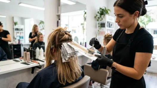 Professional colorist applying highlights with foils and precision brush in bright salon setting
