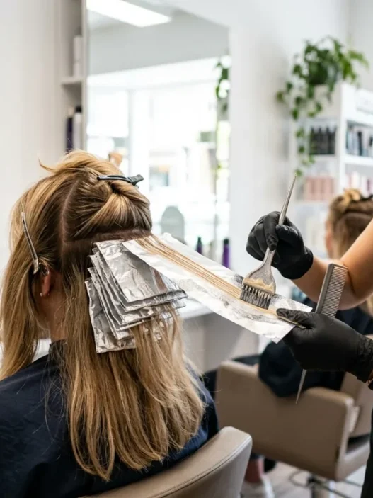 Professional colorist applying highlights with foils and precision brush in bright salon setting