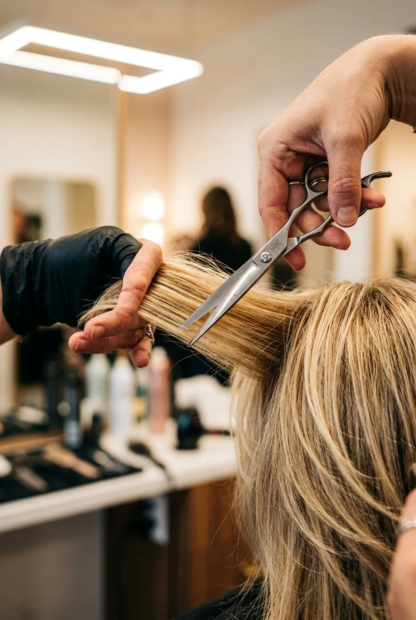 Close-up of professional scissors making precision cuts through sectioned blonde hair at 45-degree angle