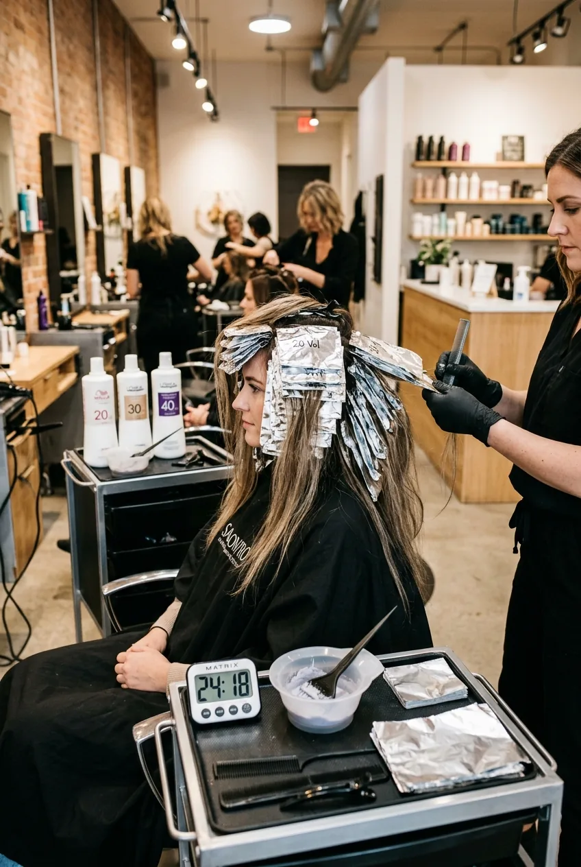 Multiple foil-wrapped hair sections processing under bright salon lights with timing setup