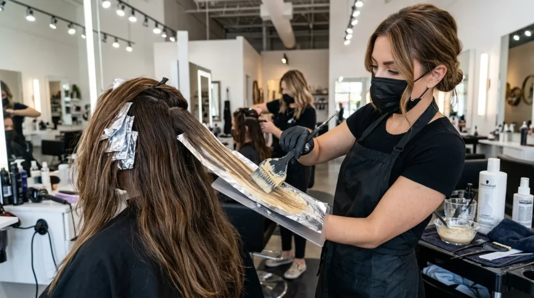 Professional colorist applying balayage with paddle brush and foil in bright salon lighting