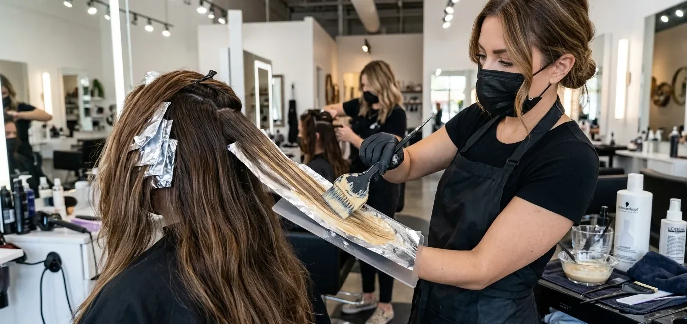 Professional colorist applying balayage with paddle brush and foil in bright salon lighting