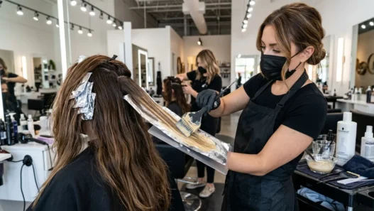 Professional colorist applying balayage with paddle brush and foil in bright salon lighting