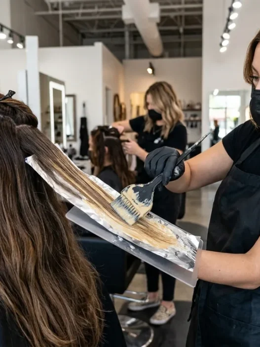 Professional colorist applying balayage with paddle brush and foil in bright salon lighting