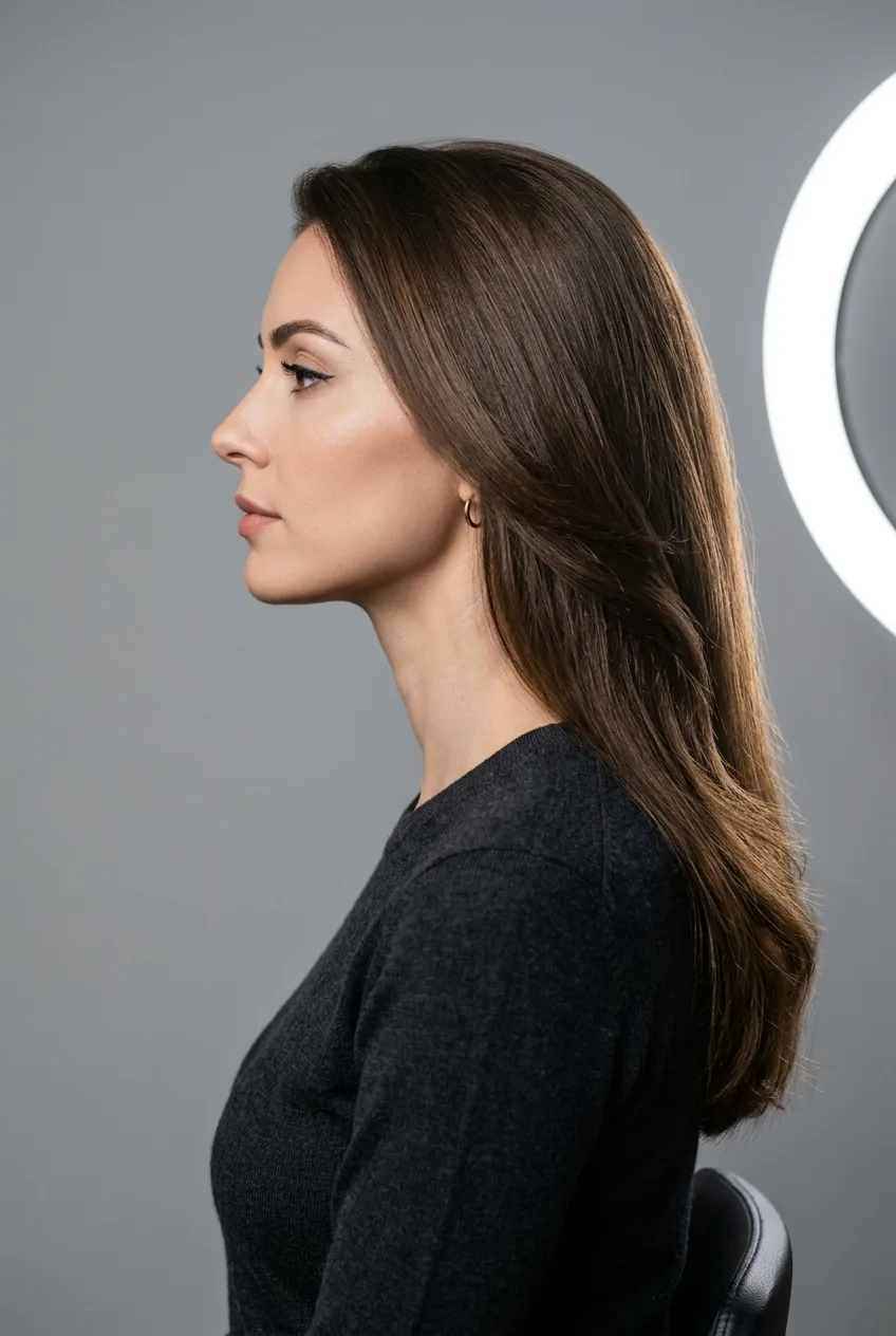 Woman with professionally blown out straight hair showing volume and bounce