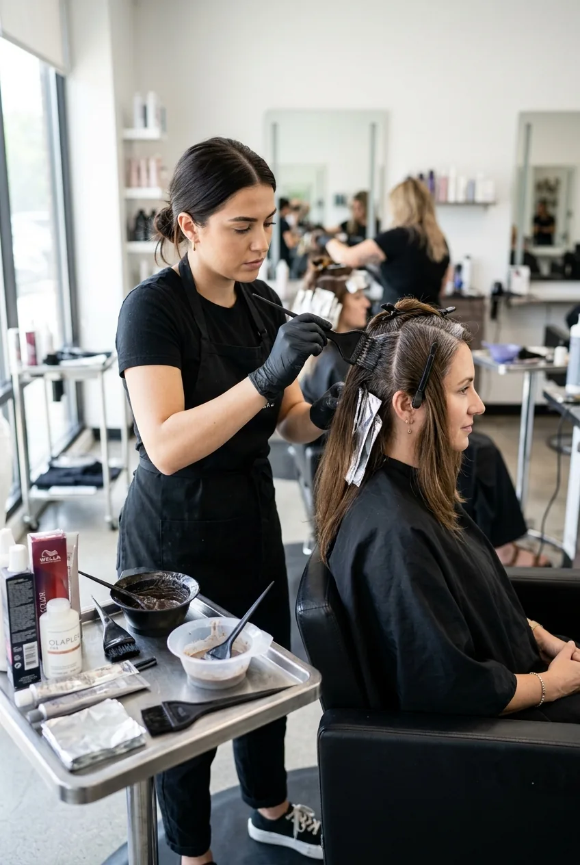 Stylist performing color touch-up appointment with brush application and foils