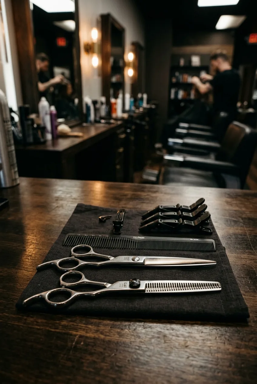 Professional hair cutting tools including shears and thinning scissors arranged on salon counter with sectioning clips