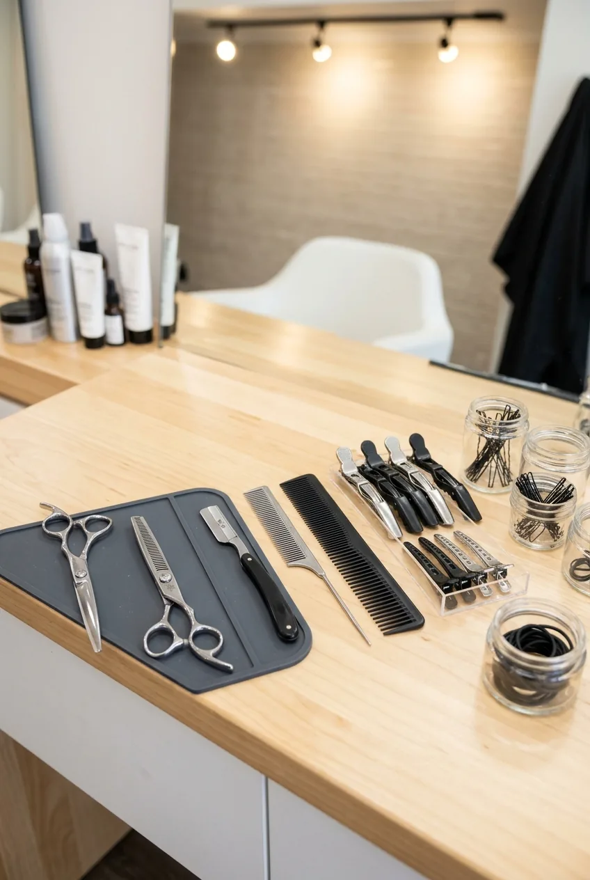 Professional hair cutting tools arranged on clean salon counter workspace