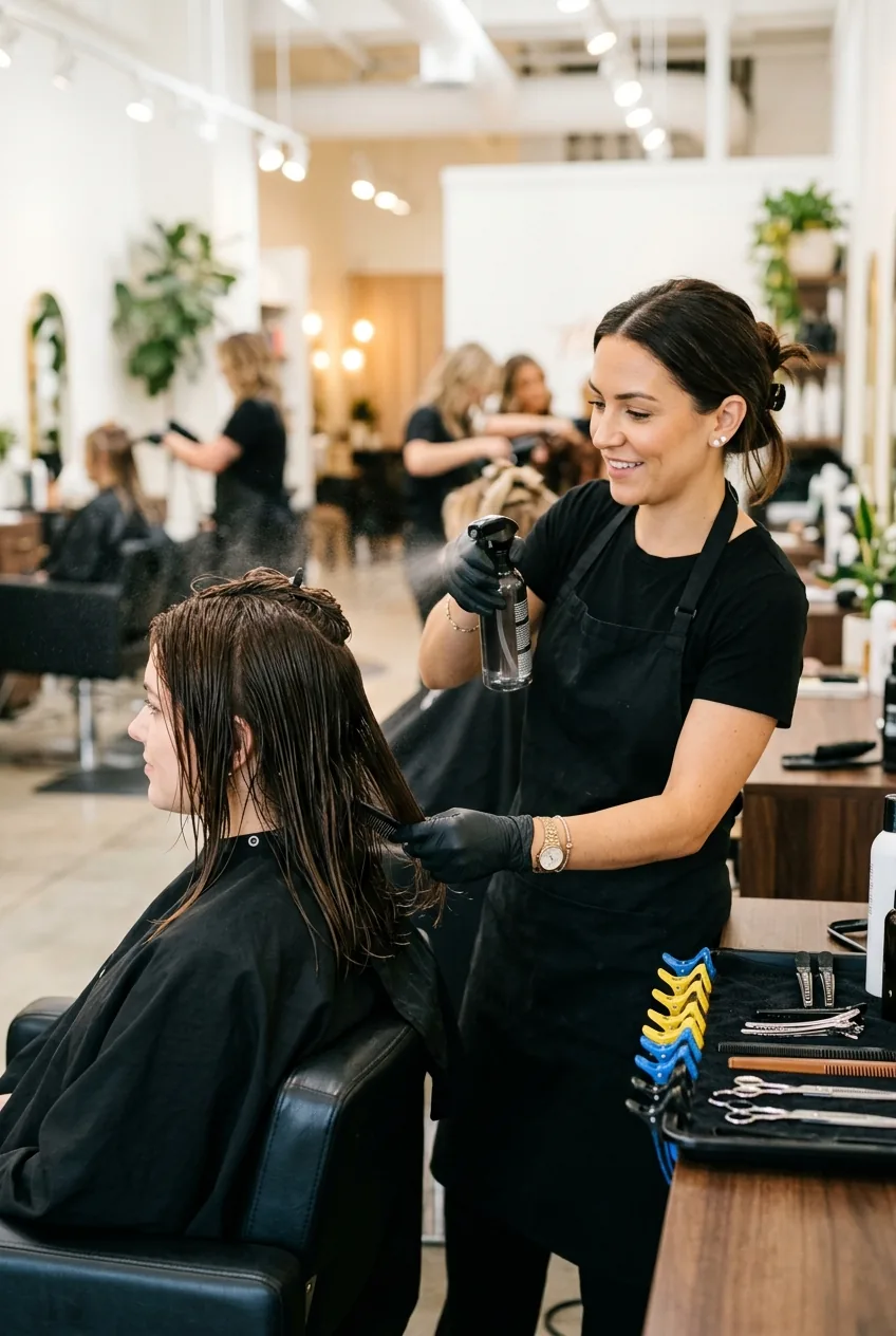 Professional stylist preparing damp hair with spray bottle and sectioning clips on salon counter