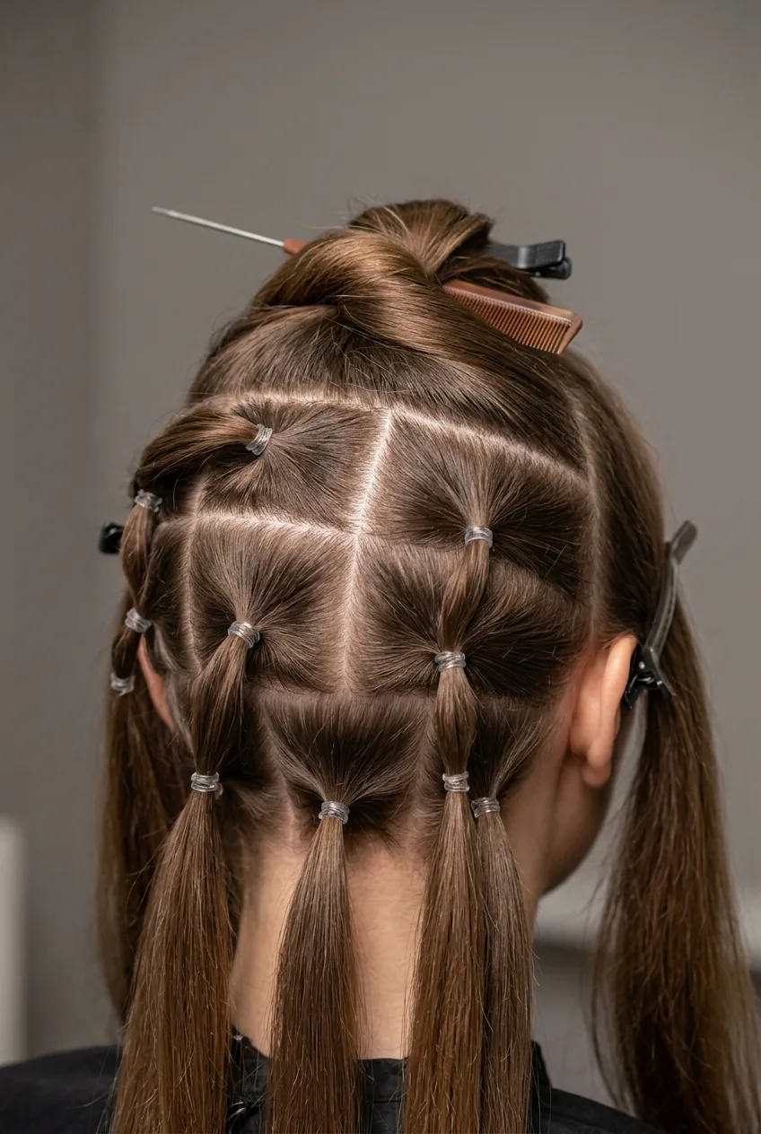 Professional hair sectioning with clean parts and small elastics organizing sections for updo styling