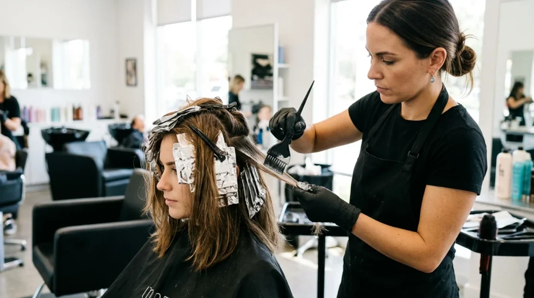 Professional stylist applying balayage highlights to client's lob-length hair with precision brush technique