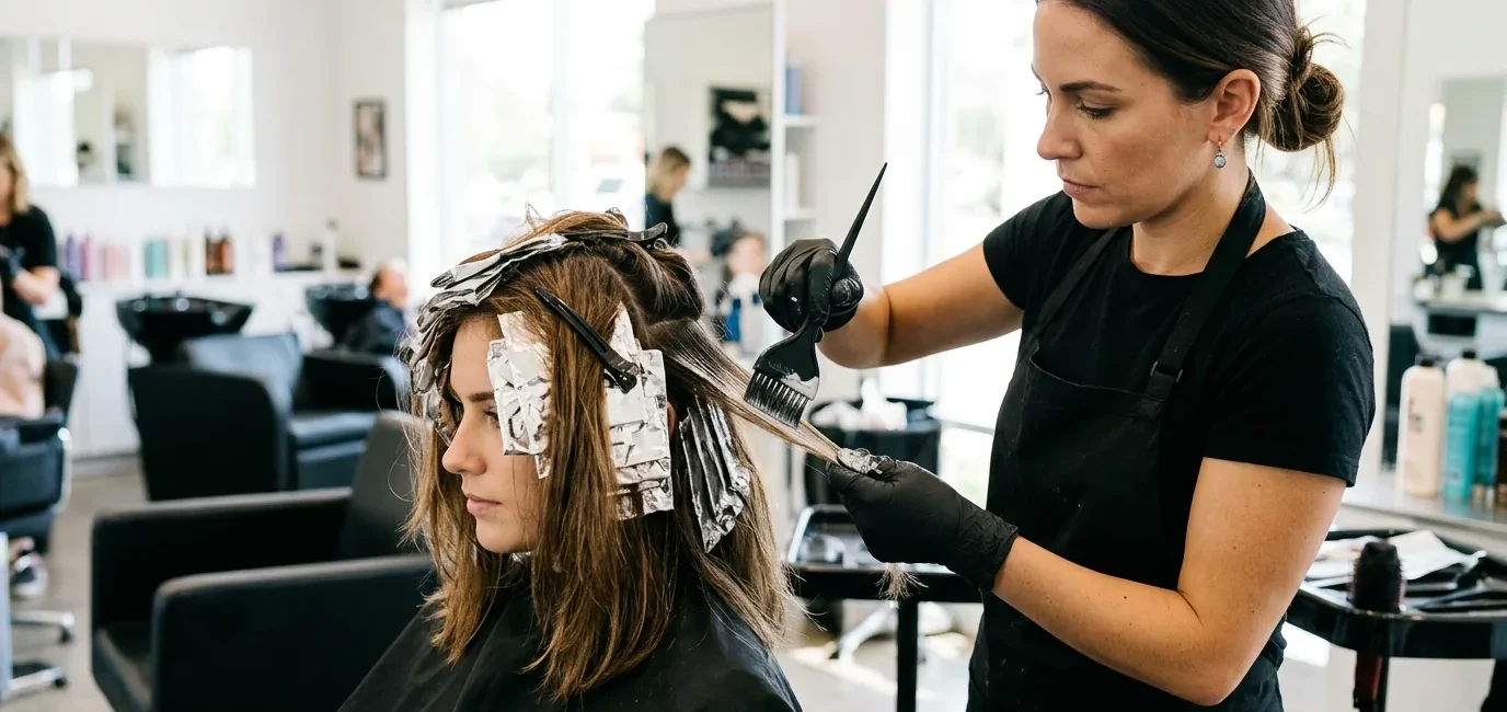 Professional stylist applying balayage highlights to client's lob-length hair with precision brush technique