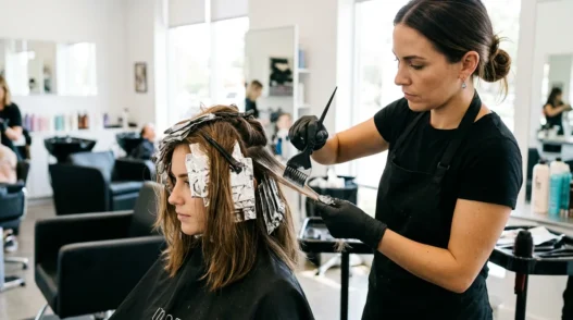Professional stylist applying balayage highlights to client's lob-length hair with precision brush technique