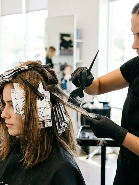Professional stylist applying balayage highlights to client's lob-length hair with precision brush technique