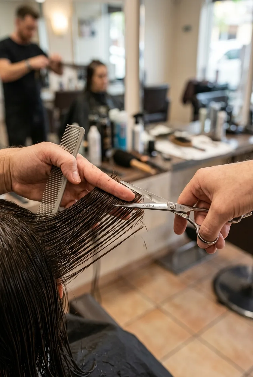 Professional scissors creating precise foundation perimeter cut on damp hair