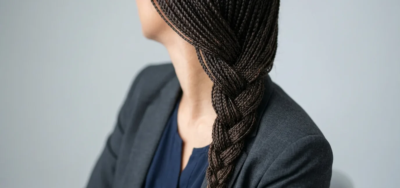 Woman with shoulder length French braid in professional portrait showing clean finished style