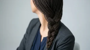 Woman with shoulder length French braid in professional portrait showing clean finished style