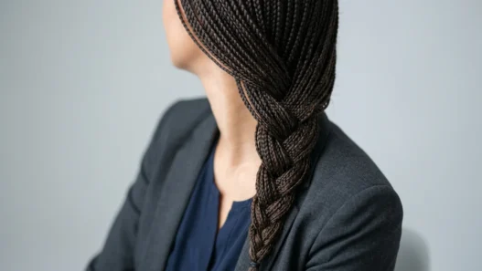 Woman with shoulder length French braid in professional portrait showing clean finished style