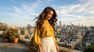 Young woman with flowing prom hairstyle on rooftop terrace in golden afternoon light