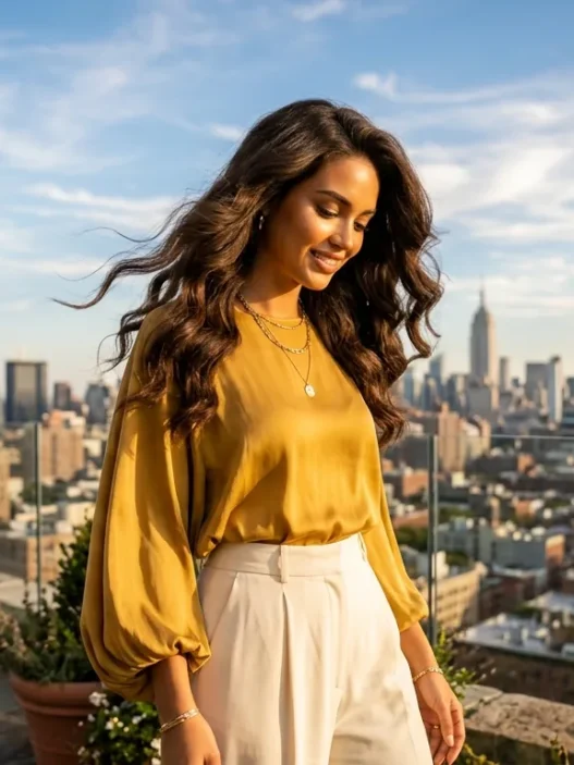 Young woman with flowing prom hairstyle on rooftop terrace in golden afternoon light