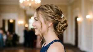 Young woman with elegant twisted prom updo showing romantic side angle and face-framing pieces