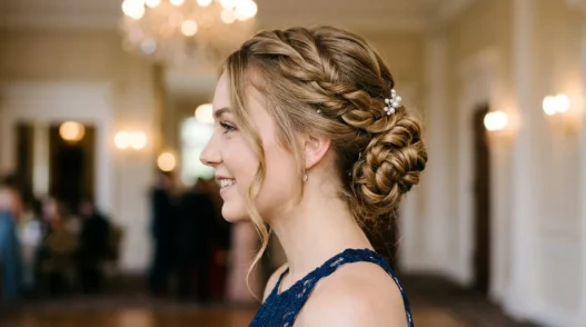 Young woman with elegant twisted prom updo showing romantic side angle and face-framing pieces
