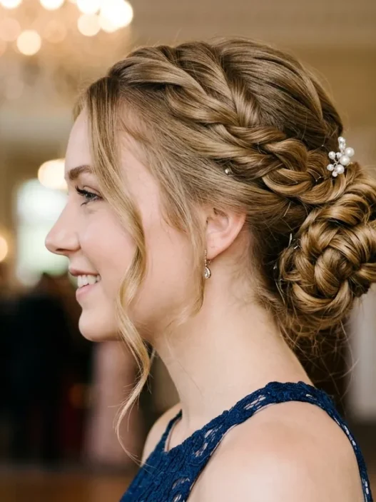 Young woman with elegant twisted prom updo showing romantic side angle and face-framing pieces