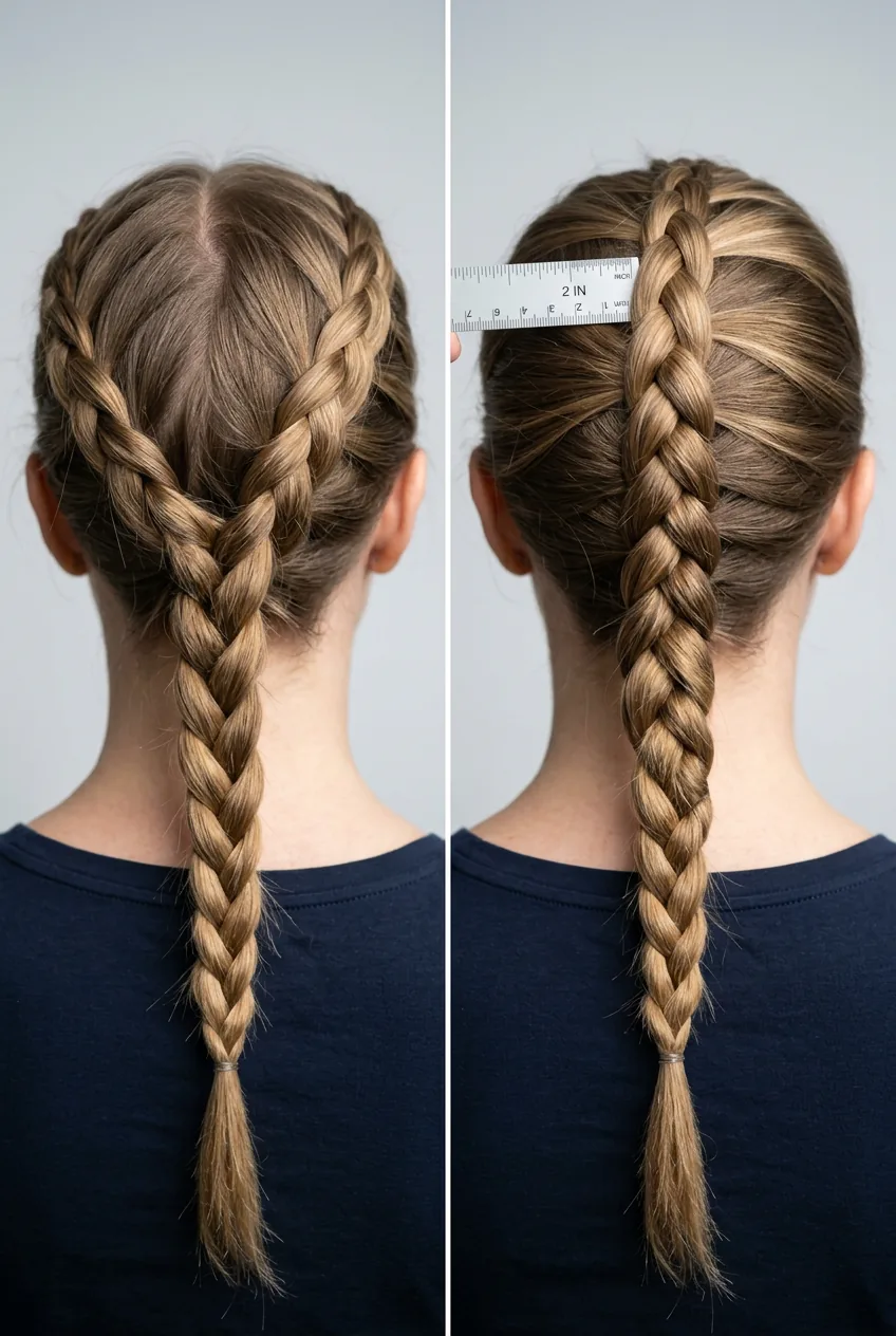 Back view showing correct starting position for shoulder length braid two inches below crown