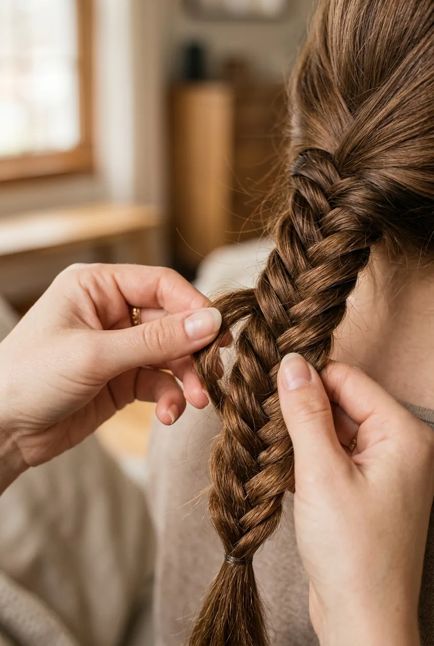 Fingers gently pulling apart completed braid to add volume and romantic texture