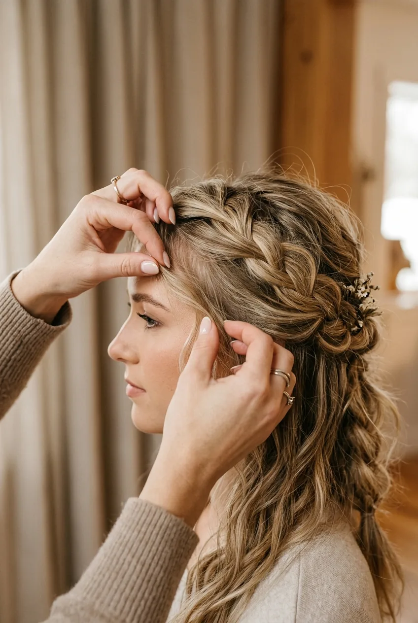 Hands gently pulling wispy face-framing pieces from completed braided half up boho hairstyle