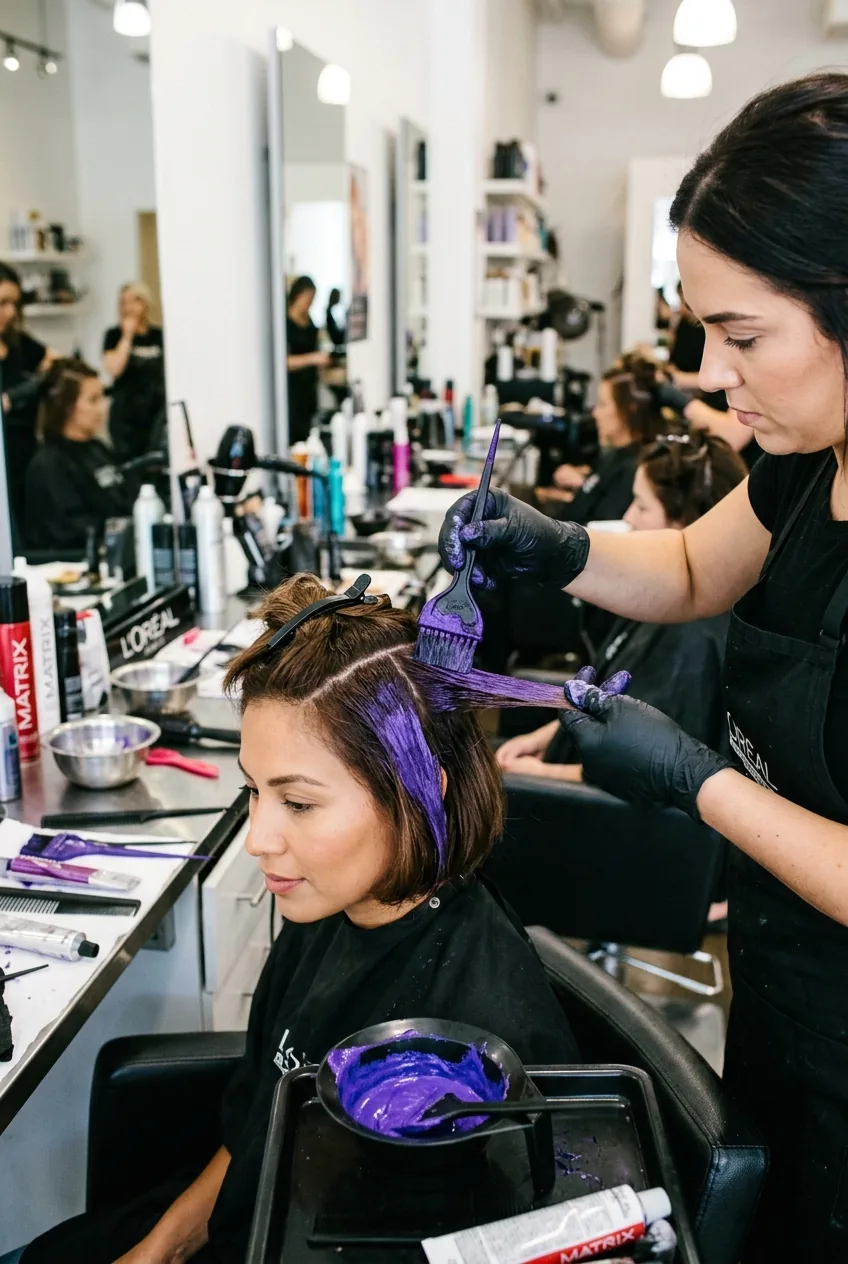 Close-up of purple hair dye being applied with precision brush to sectioned bob by gloved hands