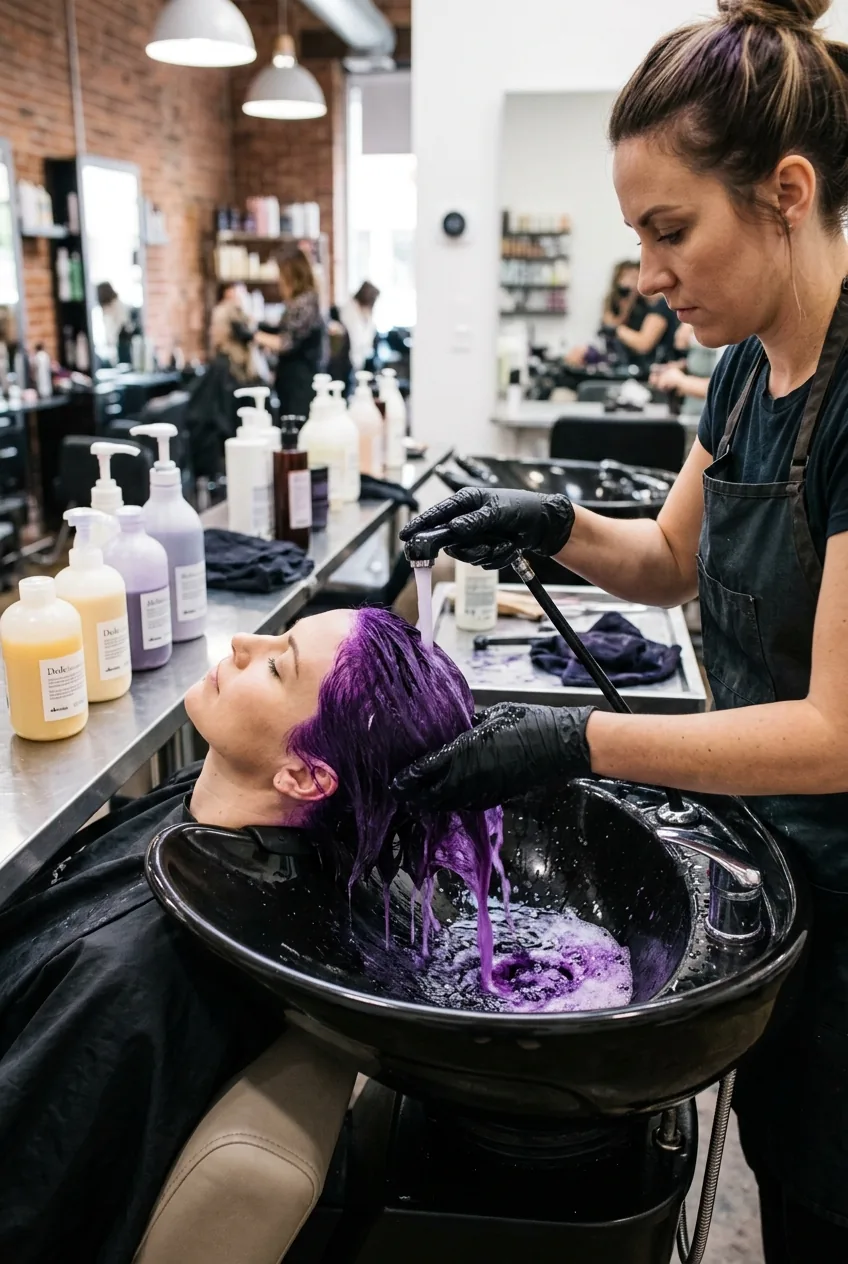 Professional hair rinse removing purple dye from bob haircut at salon wash station