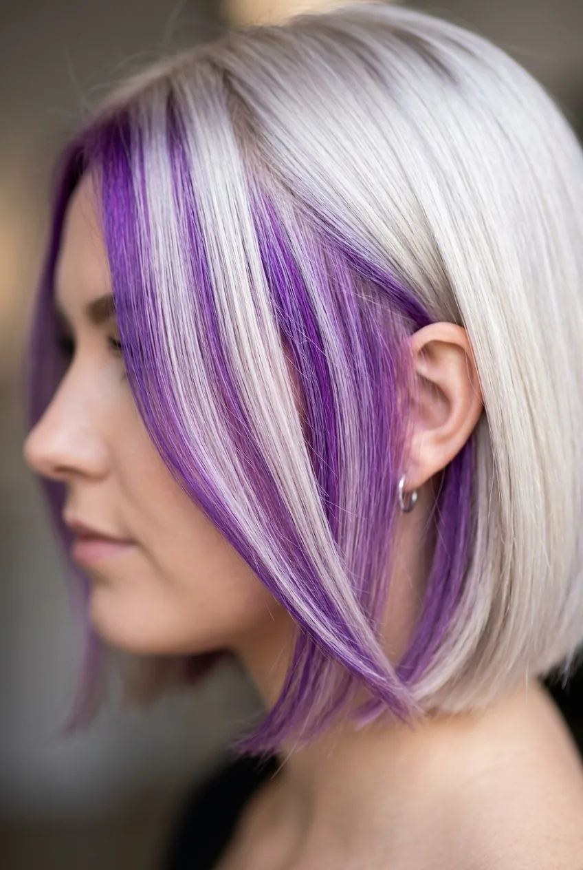 Purple money pieces framing face on platinum blonde bob with icy base color