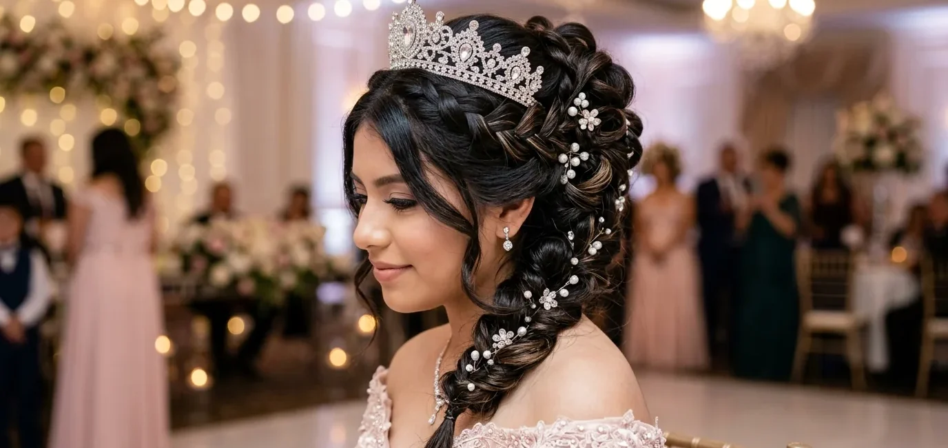 Quinceañera with elaborate braided updo and crystal tiara showing intricate pearl hair details