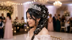 Quinceañera with elaborate braided updo and crystal tiara showing intricate pearl hair details