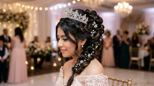 Quinceañera with elaborate braided updo and crystal tiara showing intricate pearl hair details