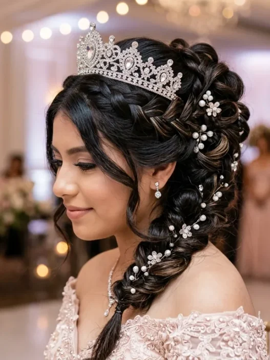Quinceañera with elaborate braided updo and crystal tiara showing intricate pearl hair details