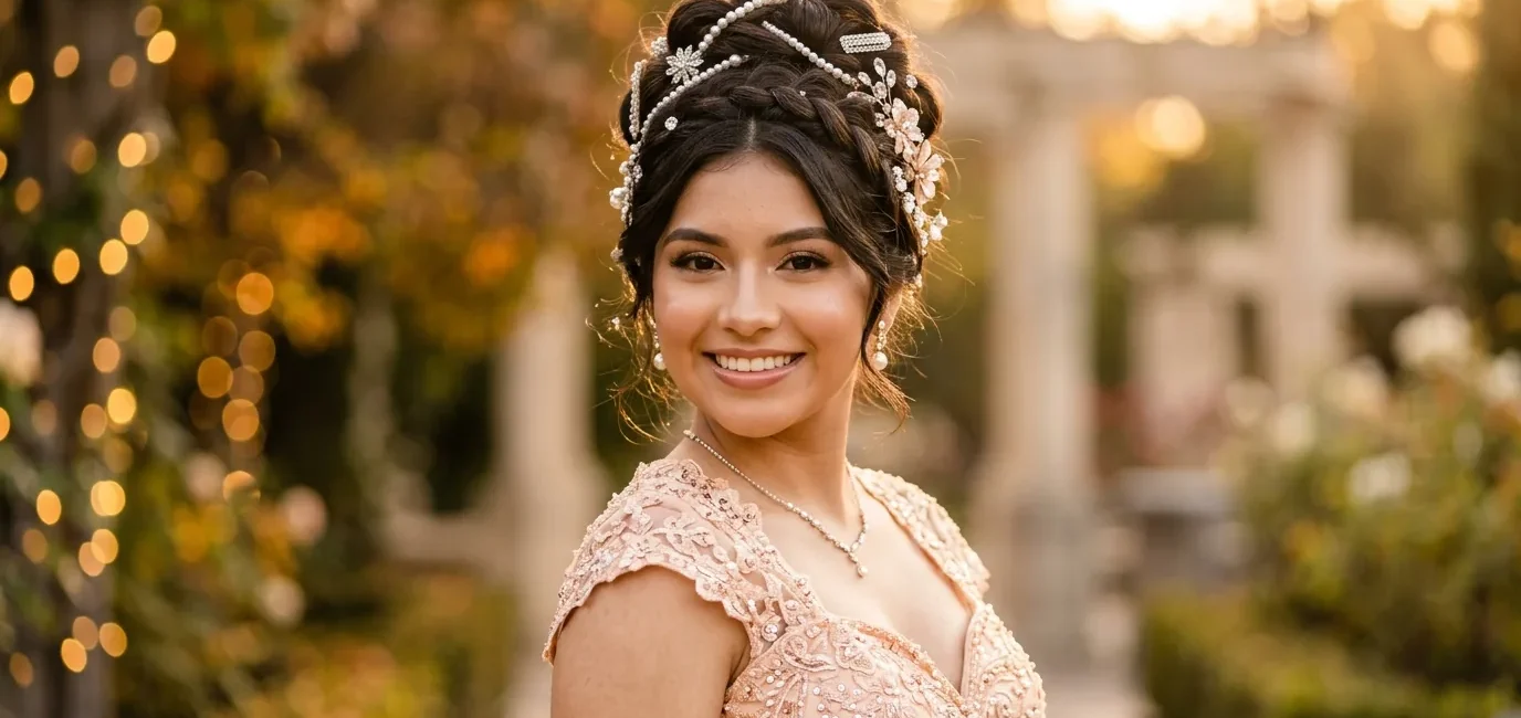 Young woman in formal dress with elaborate pearl and jewel hair accessories in elegant updo